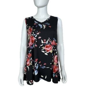 Women’s Sleeveless V-Neck Black Floral Swing Tunic Top